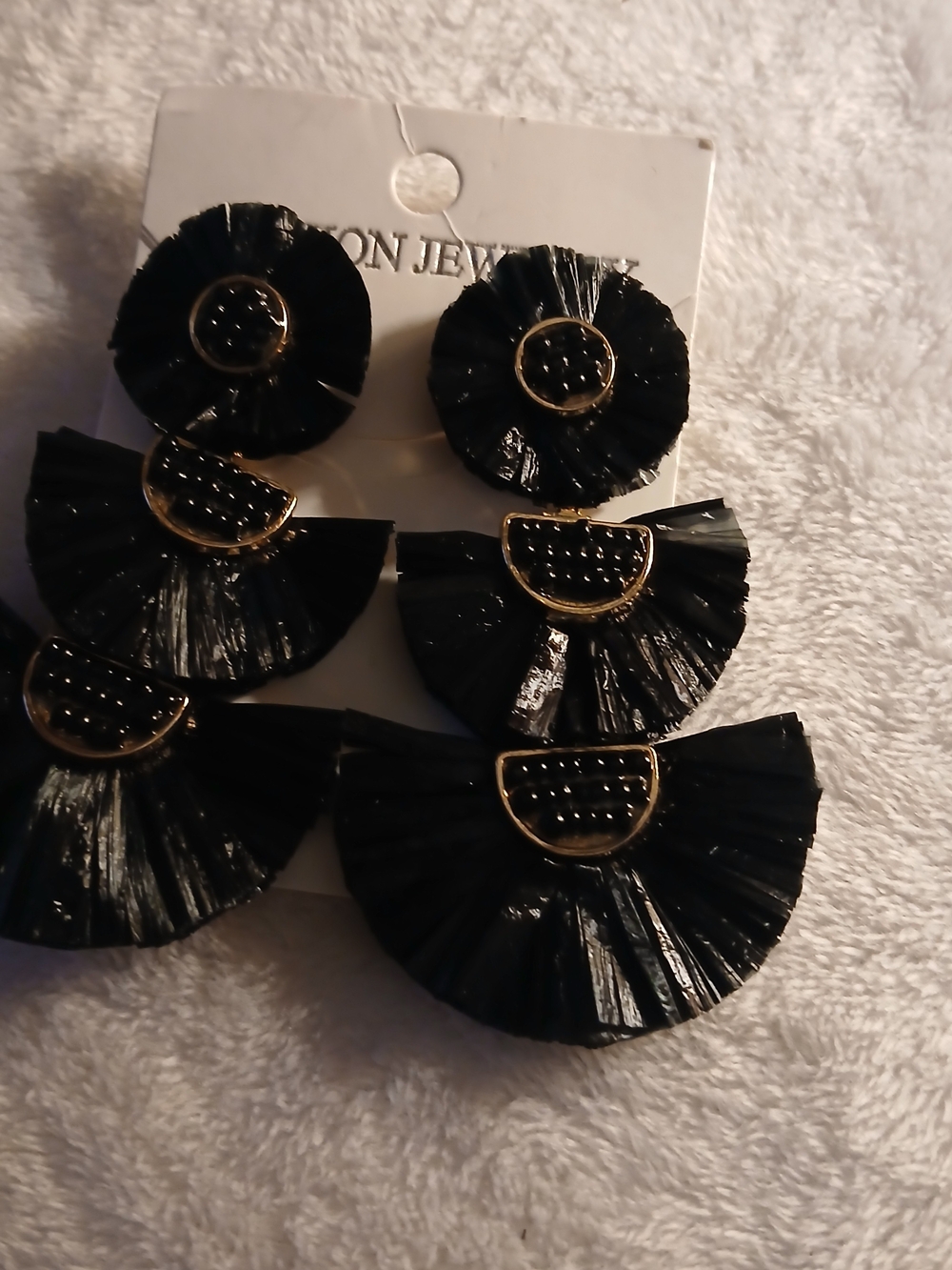Black Raffia Fan Statement Tri-Level Drop Post Earrings - NWT